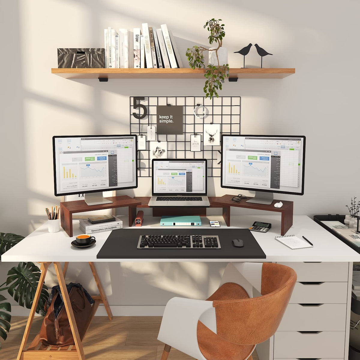 WESTREE Triple Monitor Stand Riser - Extra Long, Adjustable Length & Angle, 3 Shelf Desktop Storage