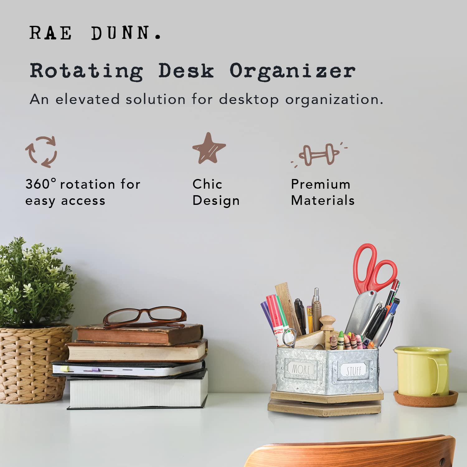 Rae Dunn Pencil Holder Cup - Spinning Metal Pen and Office Supplies 6 Compartment Desktop Organizer