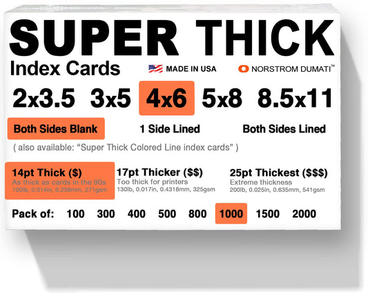 1000 SUPER THICK index cards/ 4"x6" / 14pt (0.014") 100lb / blank un-ruled/archival acid-free in