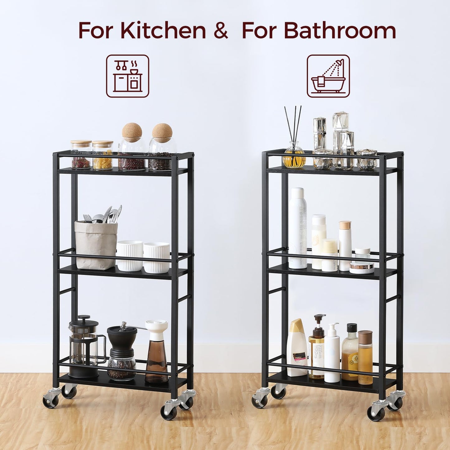 MAHANCRIS Slim Rolling Cart, Mobile Kitchen Cart on Wheels, Narrow Storage Cart for Small Space
