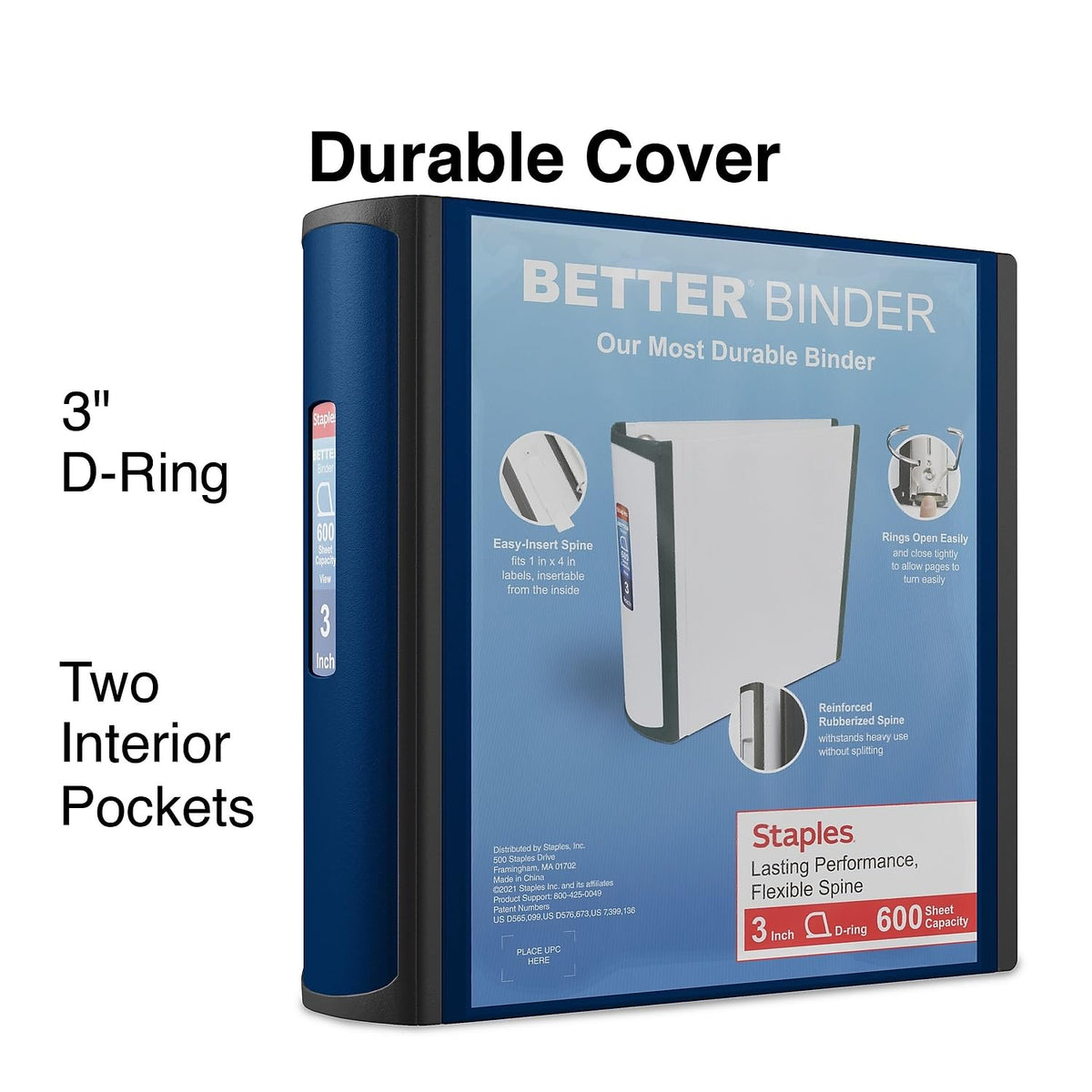 Staples Better Binder, 3 Inch D-Ring, Blue, Reinforced Rubber Spine