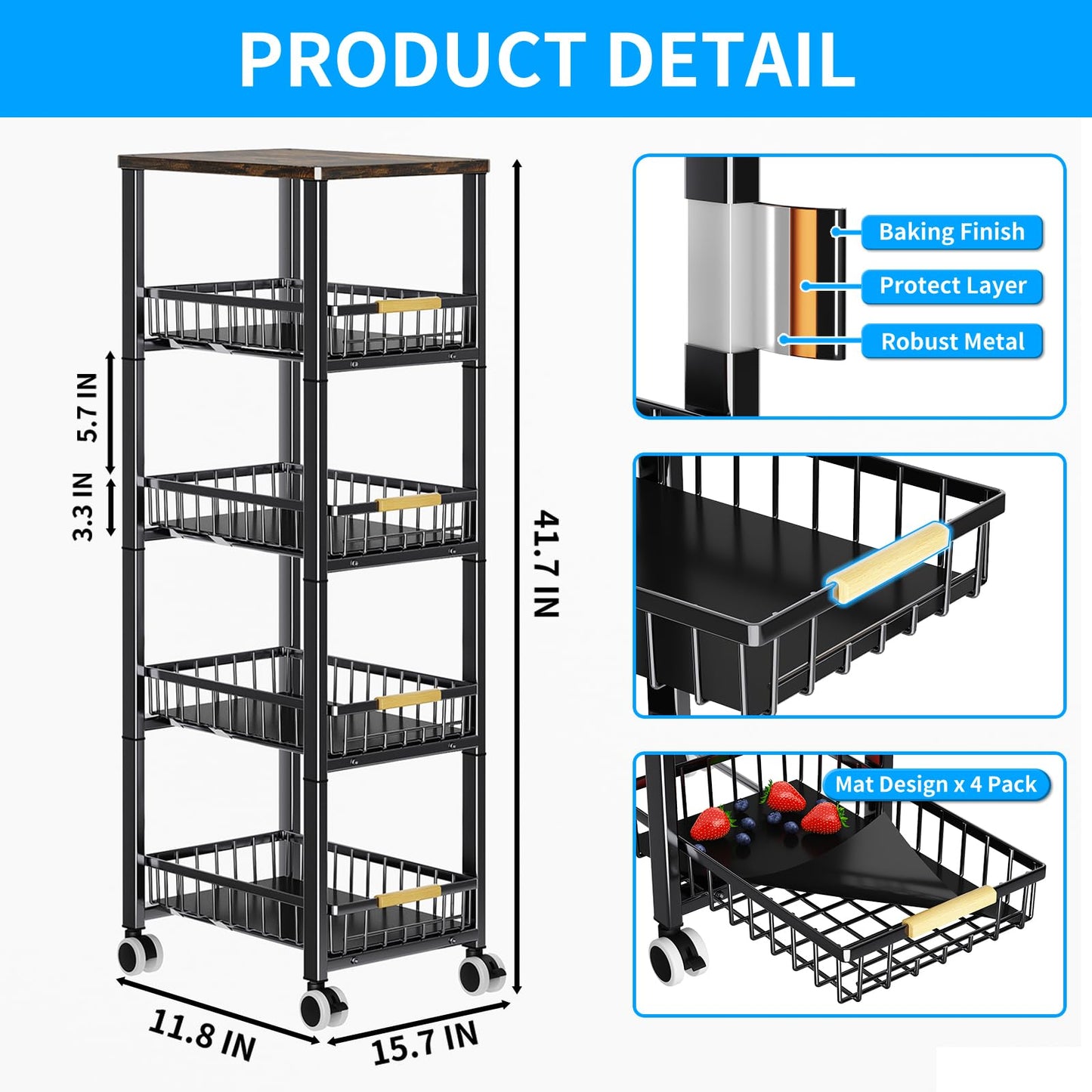Fruit Vegetable Storage Basket for Kitchen, 5 Tier Large Pull-Out Metal Wire Baskets with 4 Pack