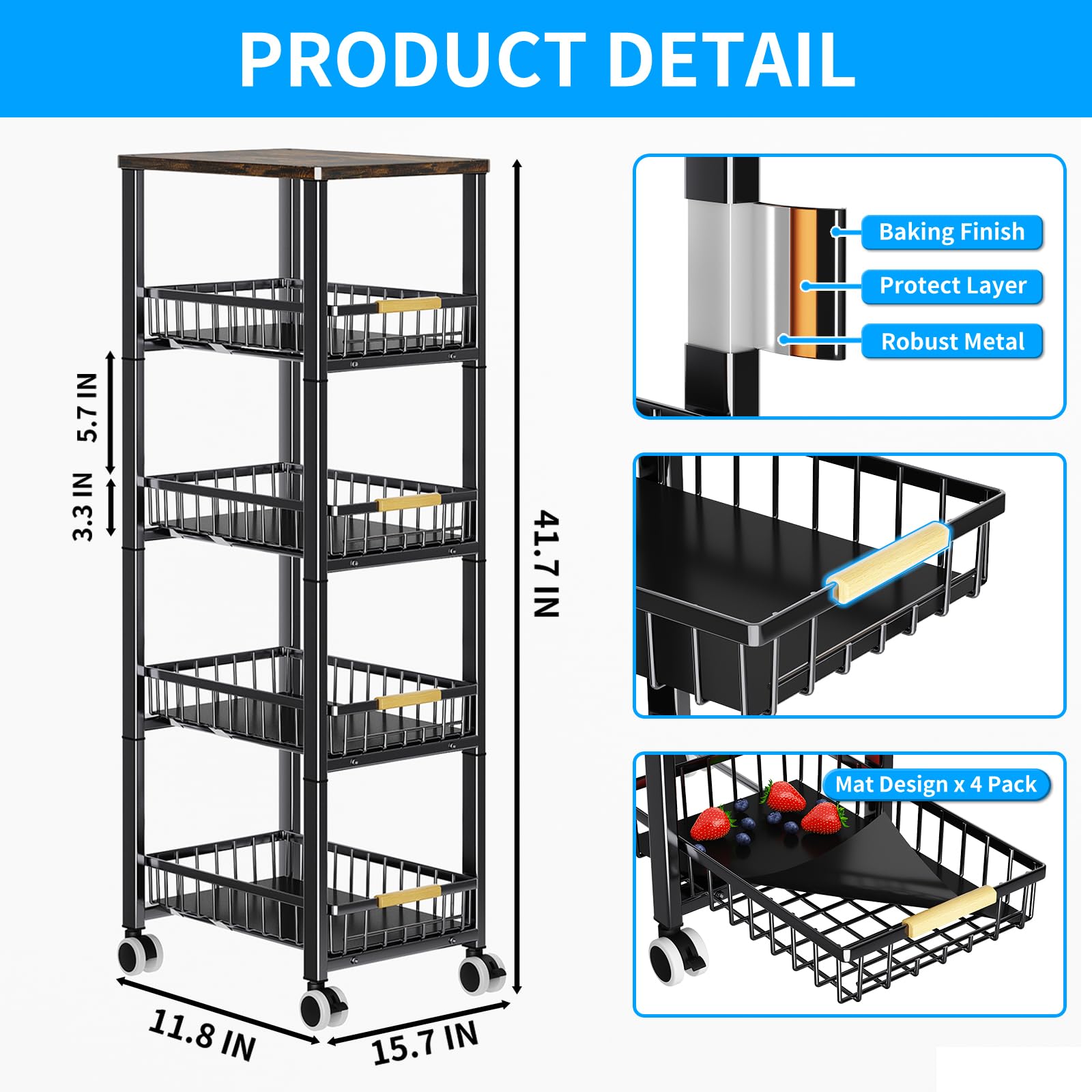 Fruit Vegetable Storage Basket for Kitchen, 5 Tier Large Pull-Out Metal Wire Baskets with 4 Pack