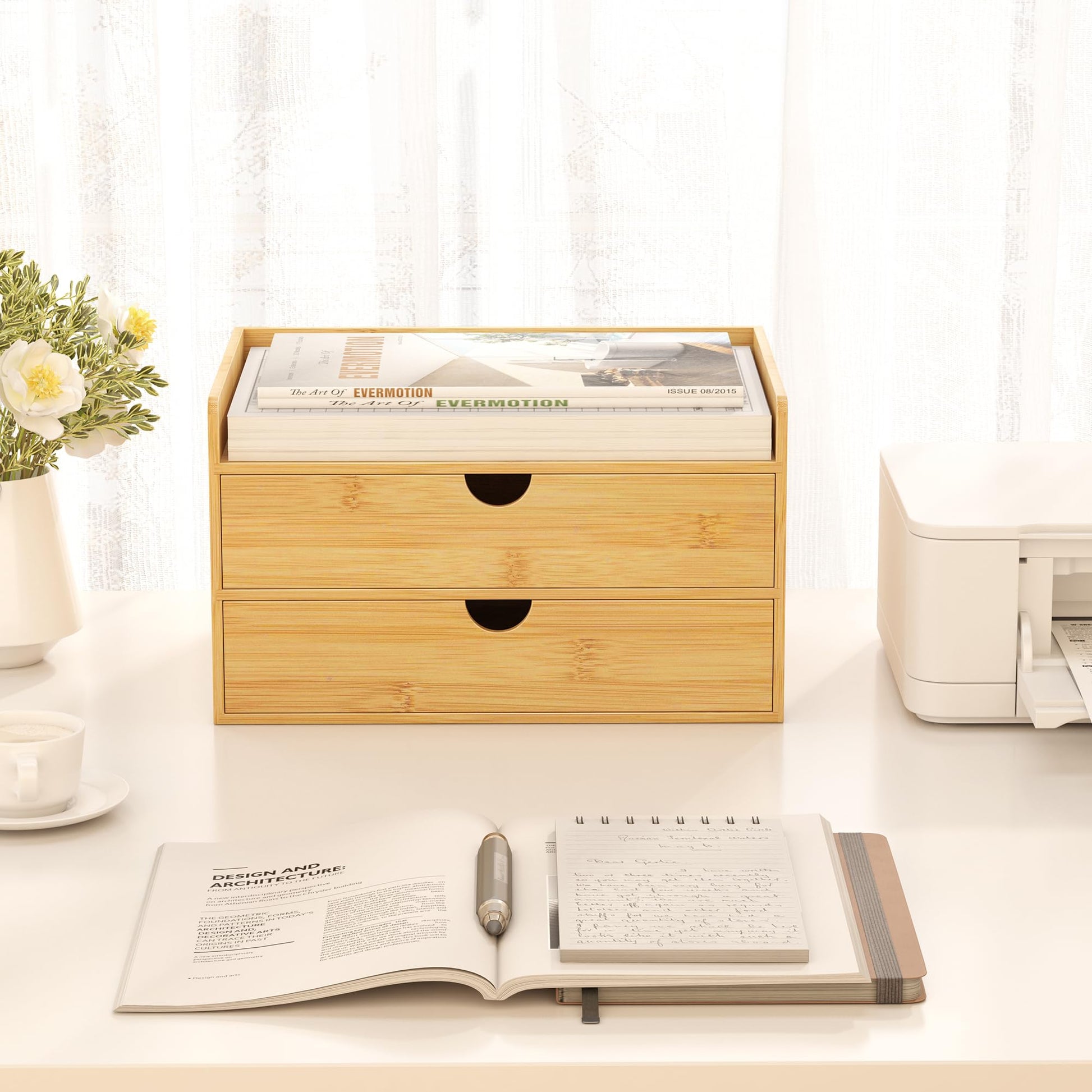 Wisuce Bamboo Desk Drawer Organizer, 2 Drawer Desktop Organizer with Drawers Tabletop Storage