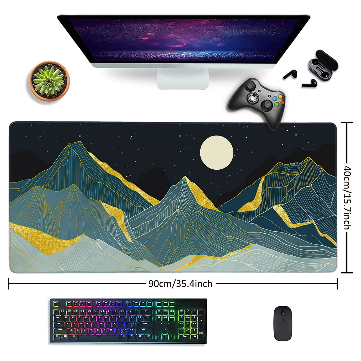 Golden Line Art Mountain at Night Large Mouse Pad Extended Gaming Mouse Pad Waterproof Desk Mat