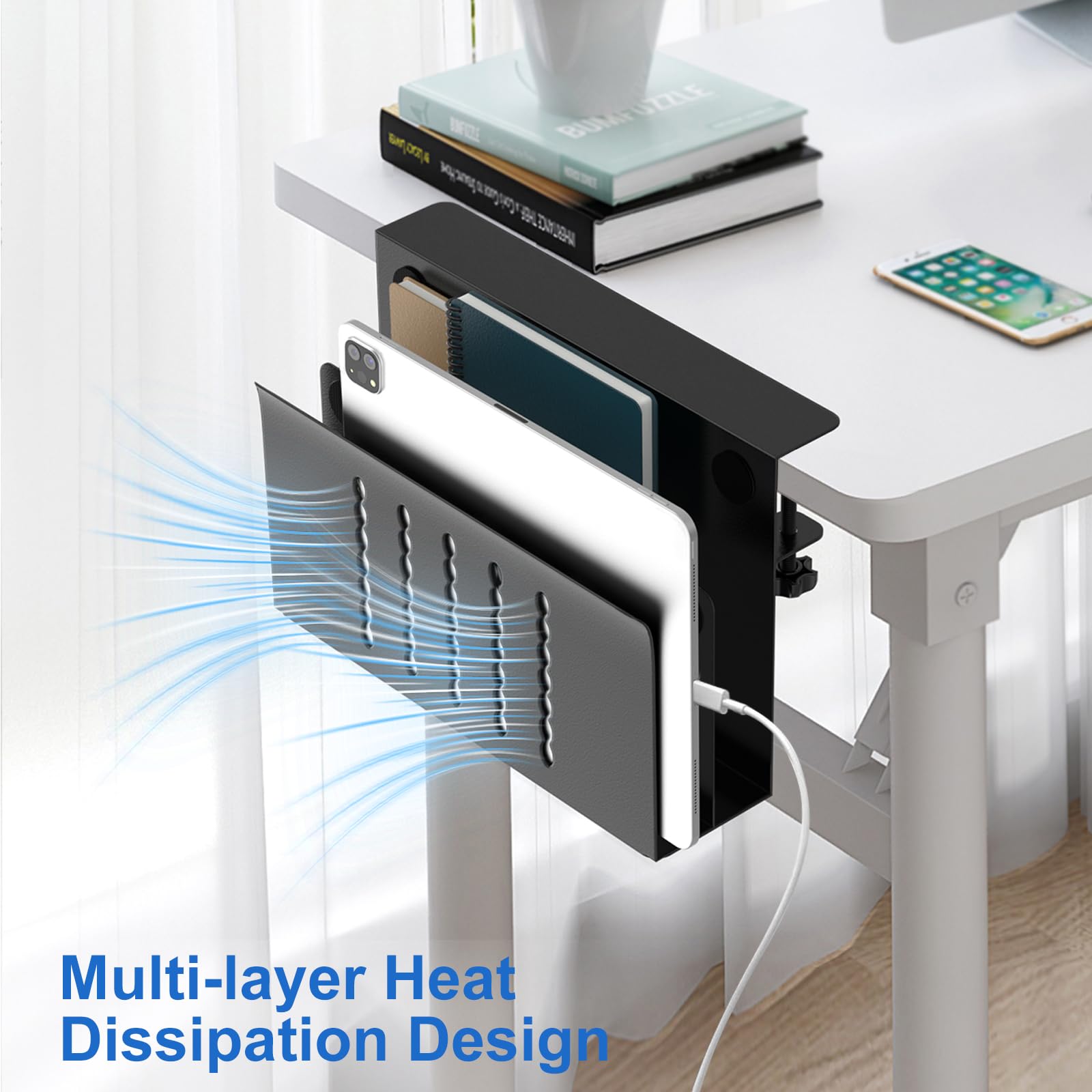HAMOPY Desk Side Storage, 2 Tier Steel Hanging Desk Organizer with Magnetic Pen Holder, No Drilling