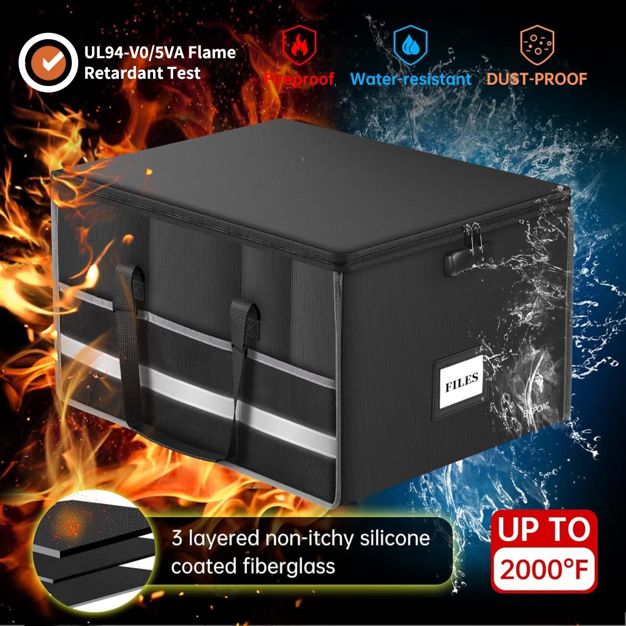 ENGPOW Large Fireproof Document Box with Lock＆Multi Pockets, 19"x16"x11"