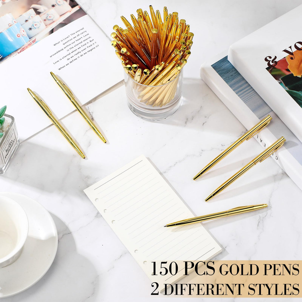 Fuutreo 150 Pack Gold Pens Bulk Metal Slim Ballpoint Retractable Black Ink
