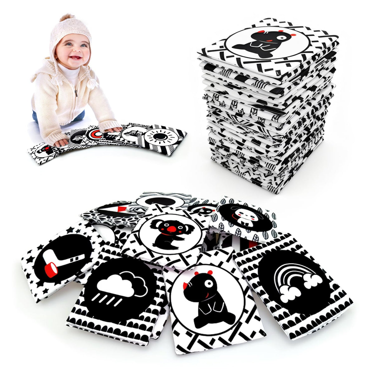 Black and White Soft Baby Cards with Cloth Storage Bag for Baby and Infant