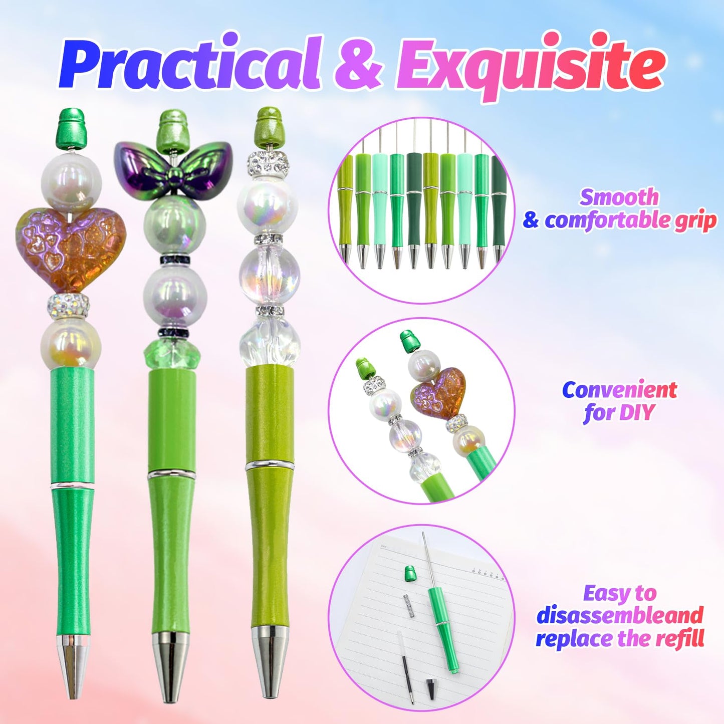 DASTTUIS 150 Pieces DIY Beadable Pens Kit - 50 plastic Beadable Pens Bulk, Refills & pen bags
