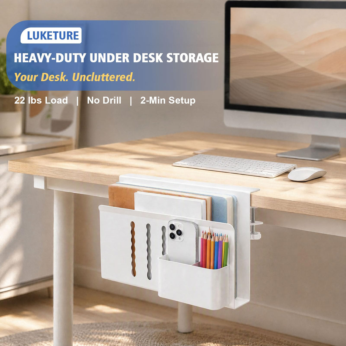 LUKETURE Desk Side Storage, Laptop Holder No Drill Clamp On Organizer