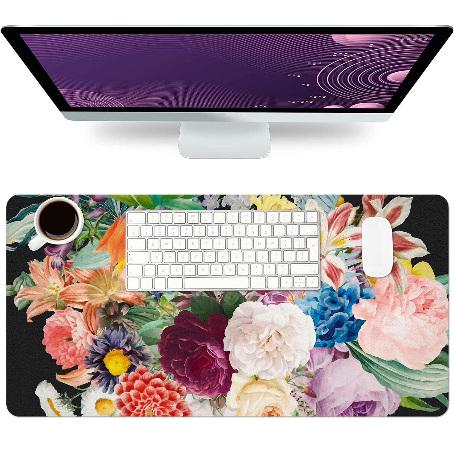 Floral Desk Mat, Non-Slip PU Leather Desk Pad, Bouquet 23.6"x11.8"
