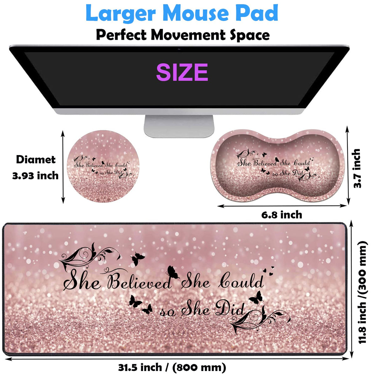 3 Piece Mouse Pad Set with Stitched Edge Large Anti-Slip Mouse Pad Desk Pad Keyboard Pad + Wrist
