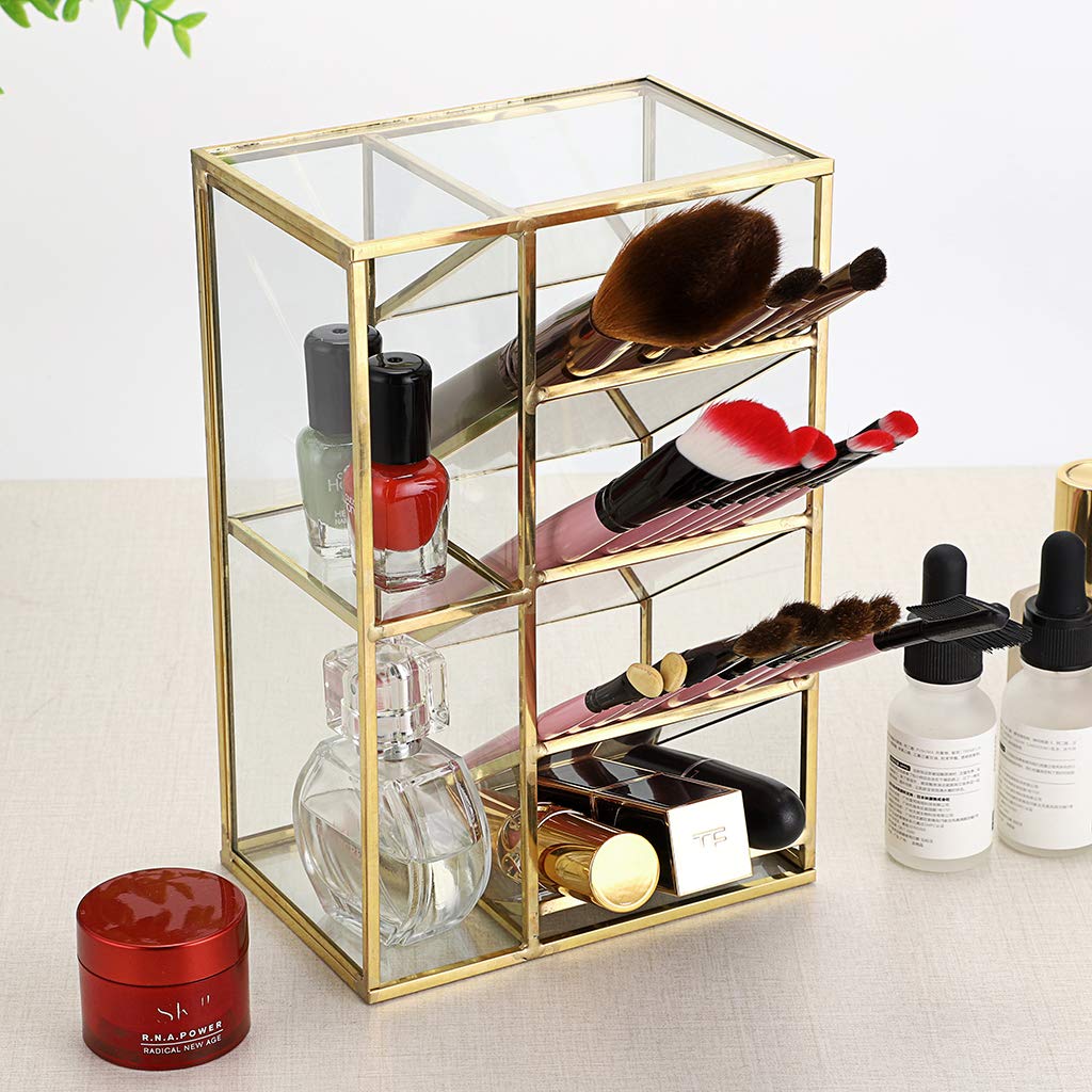 Hipiwe Vintage Gold Metal Desk Organizer - Glass Make up Brushes lipstick Holder Dresser Organizer