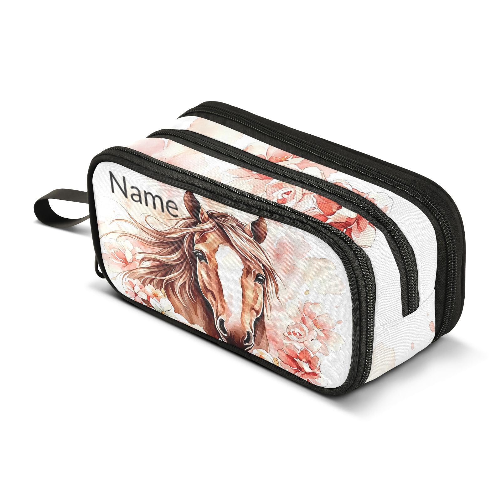 BOENLE Custom Brown Horse Flower Pencil Case Box Boys Girls Personalized Name Large Pencil Pouch