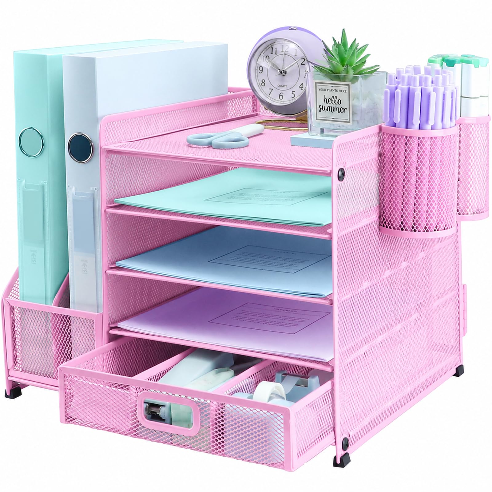 TSDRBWO Desk Organiser File Holder with 2 Pen Holder, 5 Tier Paper Letter Tray Organiser with