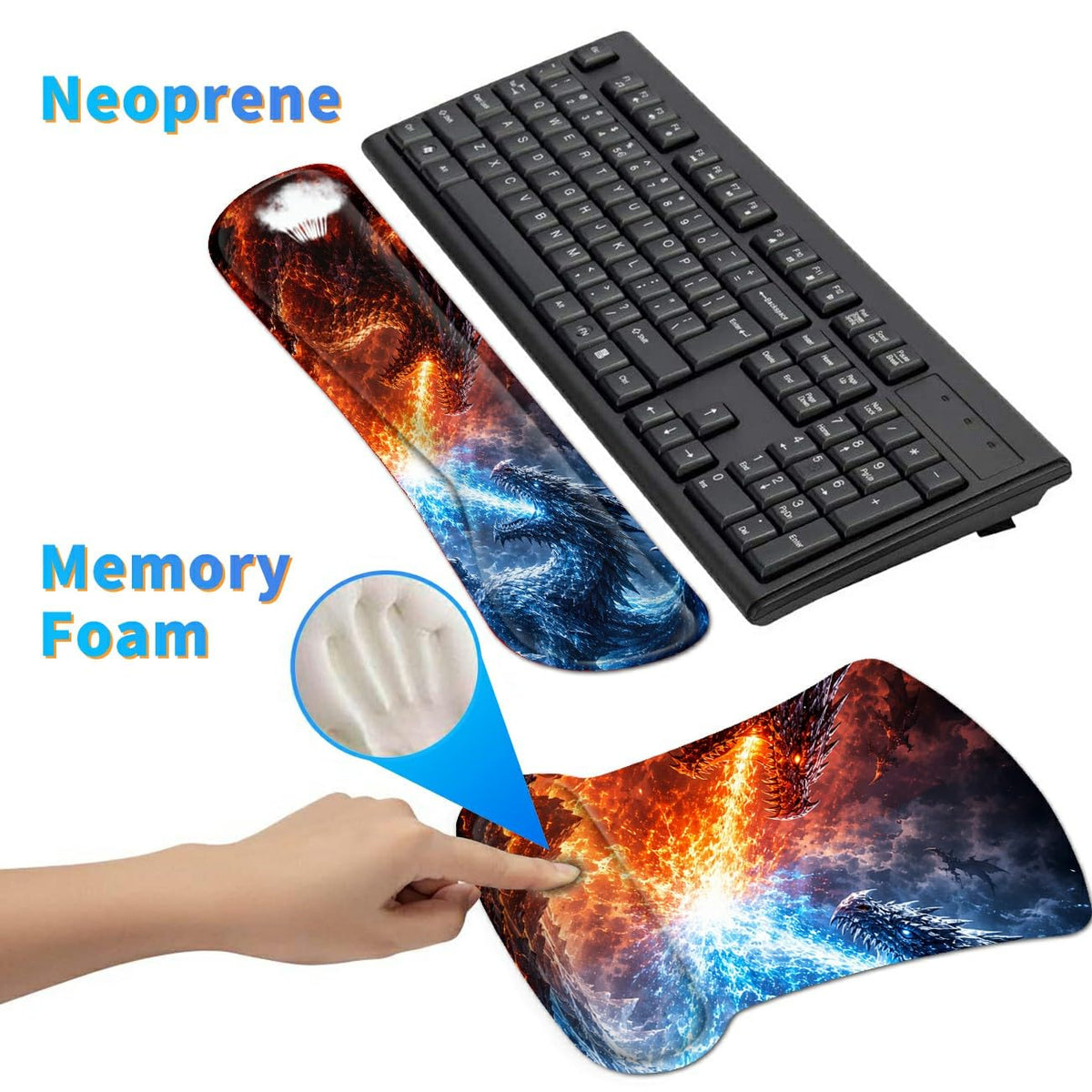 3-in-1 Ergonomic Memory Foam Keyboard Wrist Rest Pad Set, Fire Ice Dragon