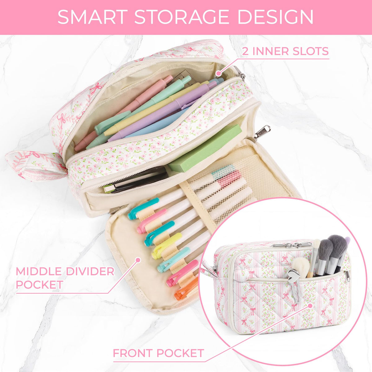 WOBAGMEN Quilted Pencil Pouch for Girls Women, Large Pencil Case Pouch with Compartments Cute
