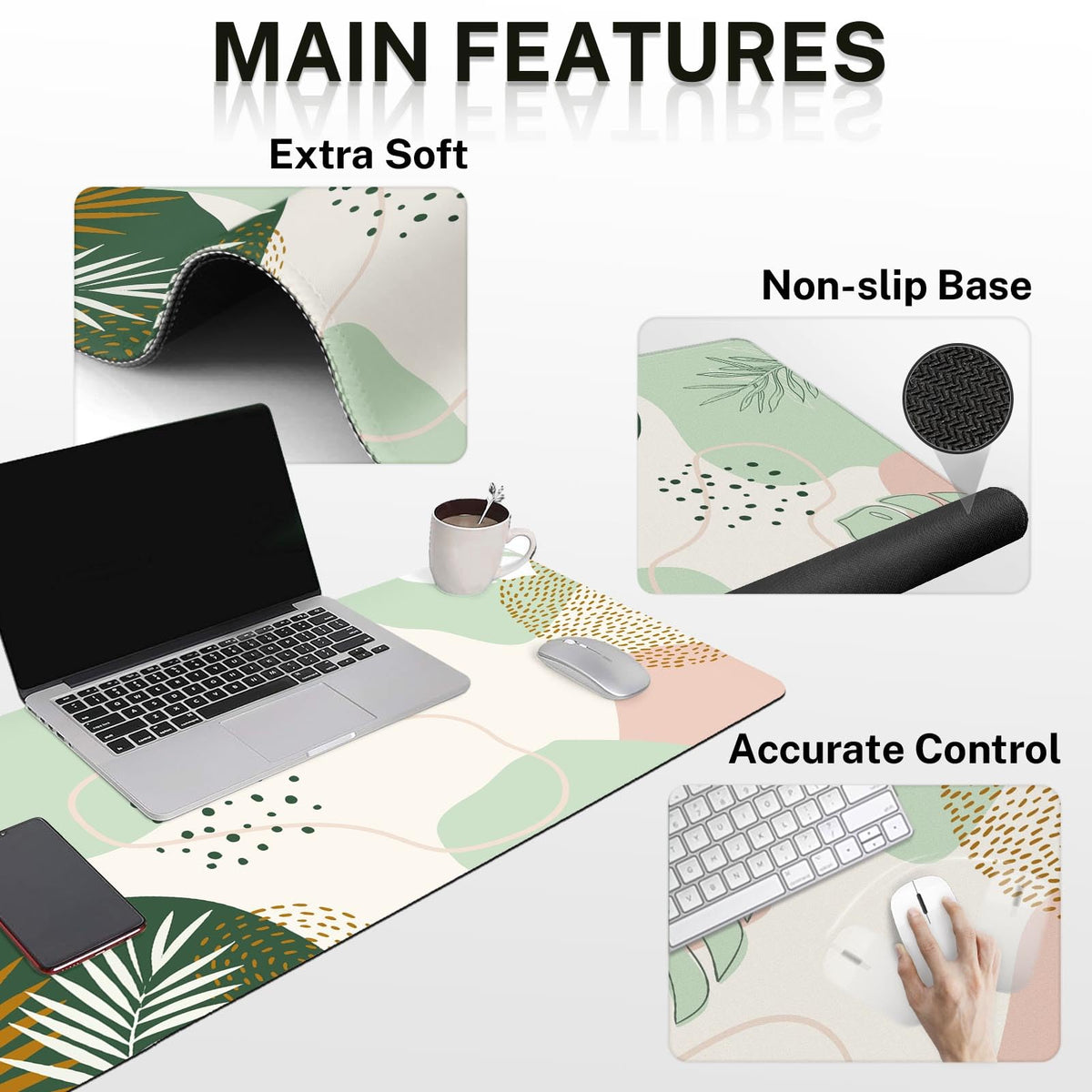 Britimes Keyboard Mouse Pad Set, 4 in 1 Desk Mat Set, Boho Green
