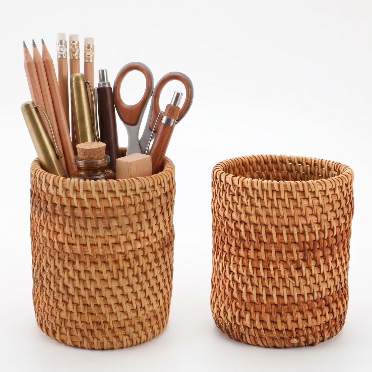 Okllen 2 Pack Rattan Pencil Holder, Handmade Wicker Pen Cup Makeup Brushes Holder, Woven Vine Desk