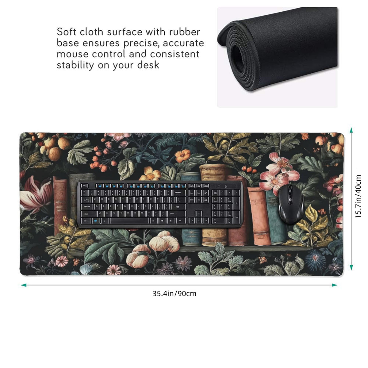 Dark Academia Desk Mat, Floral & Book Pattern XXL Mouse Pad with Anti-Slip Base & Stitched Edges