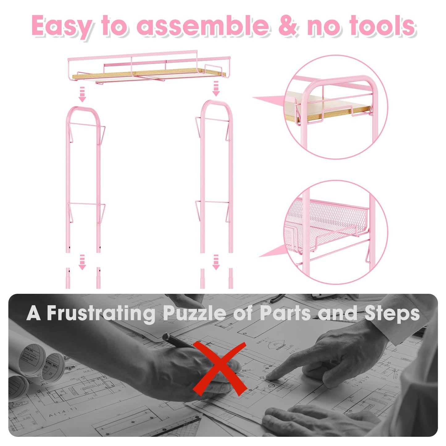 TOOLF 4-Tier Rolling Cart, Metal Utility Cart, Slide Out Storage Cart with Wooden Tabletop and Mesh