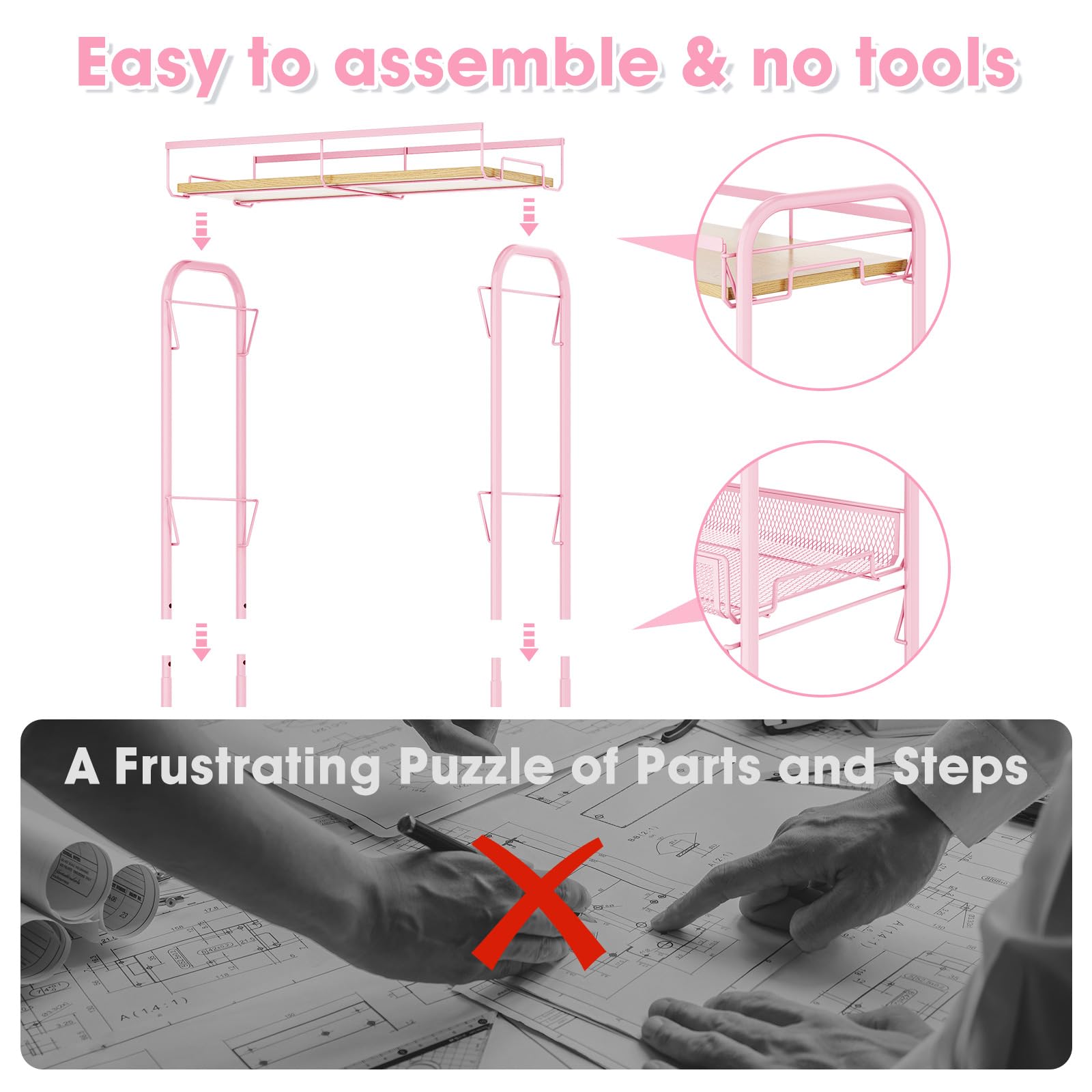 TOOLF 4-Tier Rolling Cart, Metal Utility Cart, Slide Out Storage Cart with Wooden Tabletop and Mesh