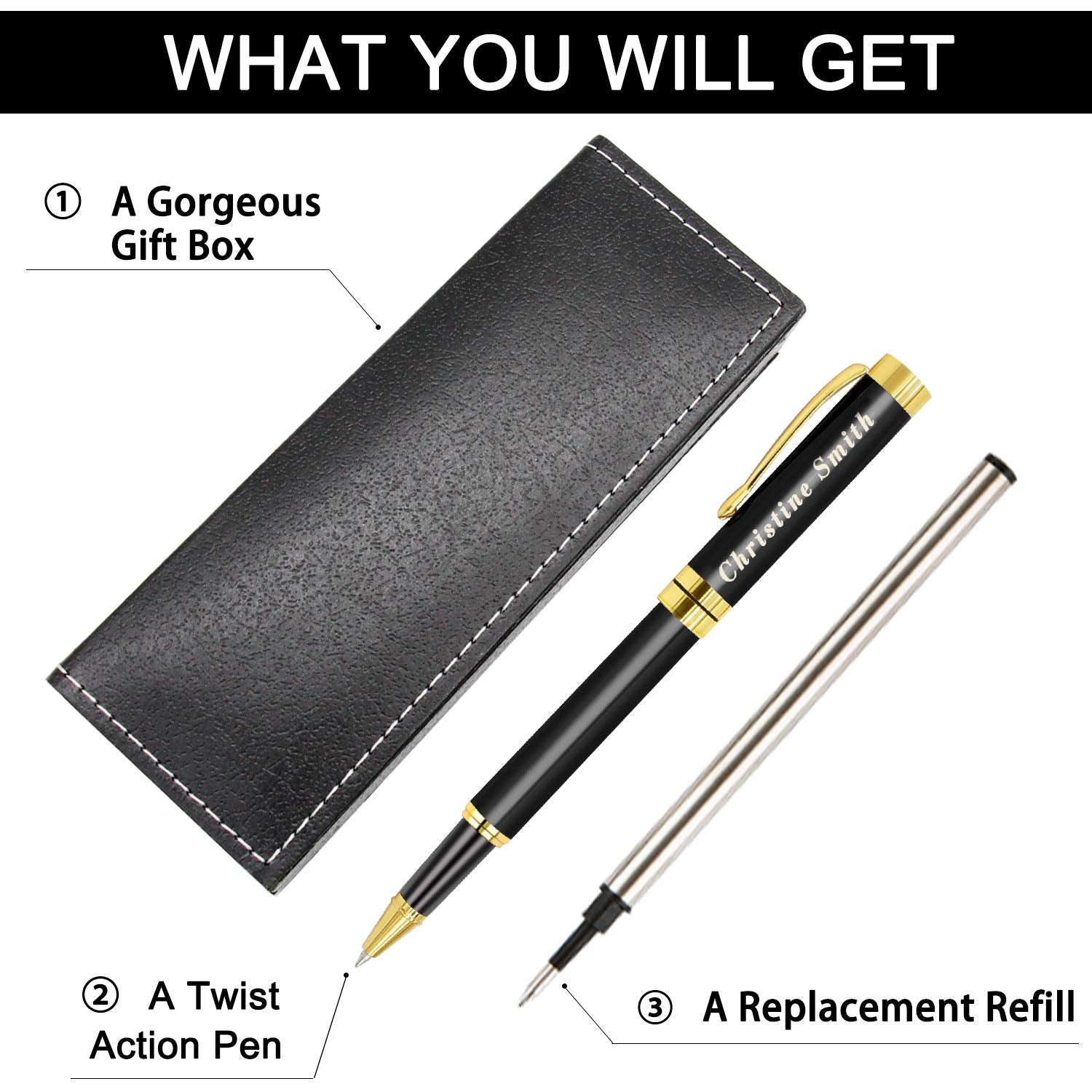 Amlion Personalized Pens Custom Engraved Pen with Name, Refillable Medium Refill, Personalized