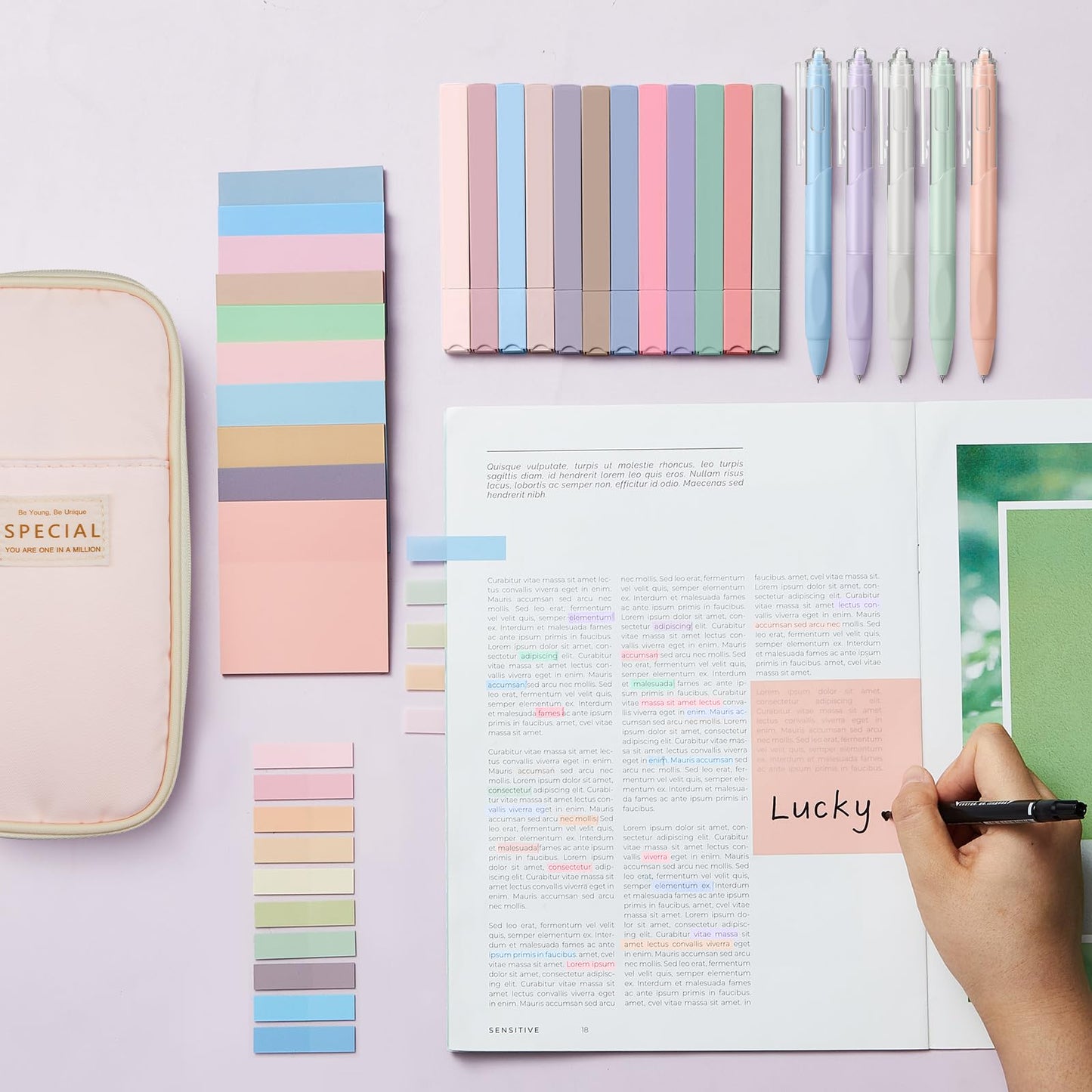 Jutom 39 Pcs Aesthetic Book Annotation Kit, Pink, Cute Style