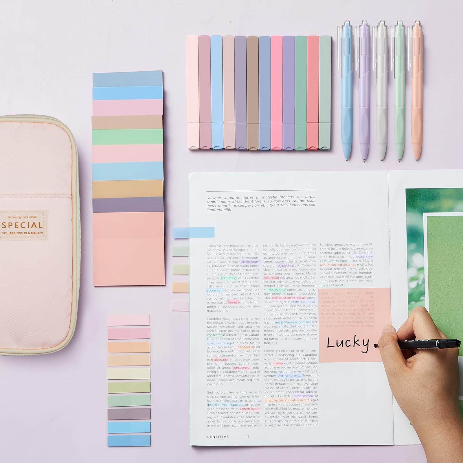 Jutom 39 Pcs Aesthetic Book Annotation Kit, Pink, Cute Style