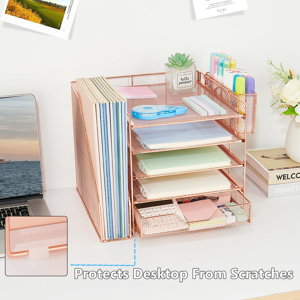 Gugsey 5-Tier Desk File Organizer with Drawer & Pen Holder (Rose Gold)