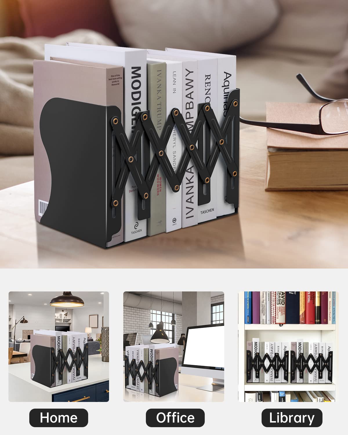 Honagu Adjustable Bookends, Metal Book Ends for Shelves Heavy Book