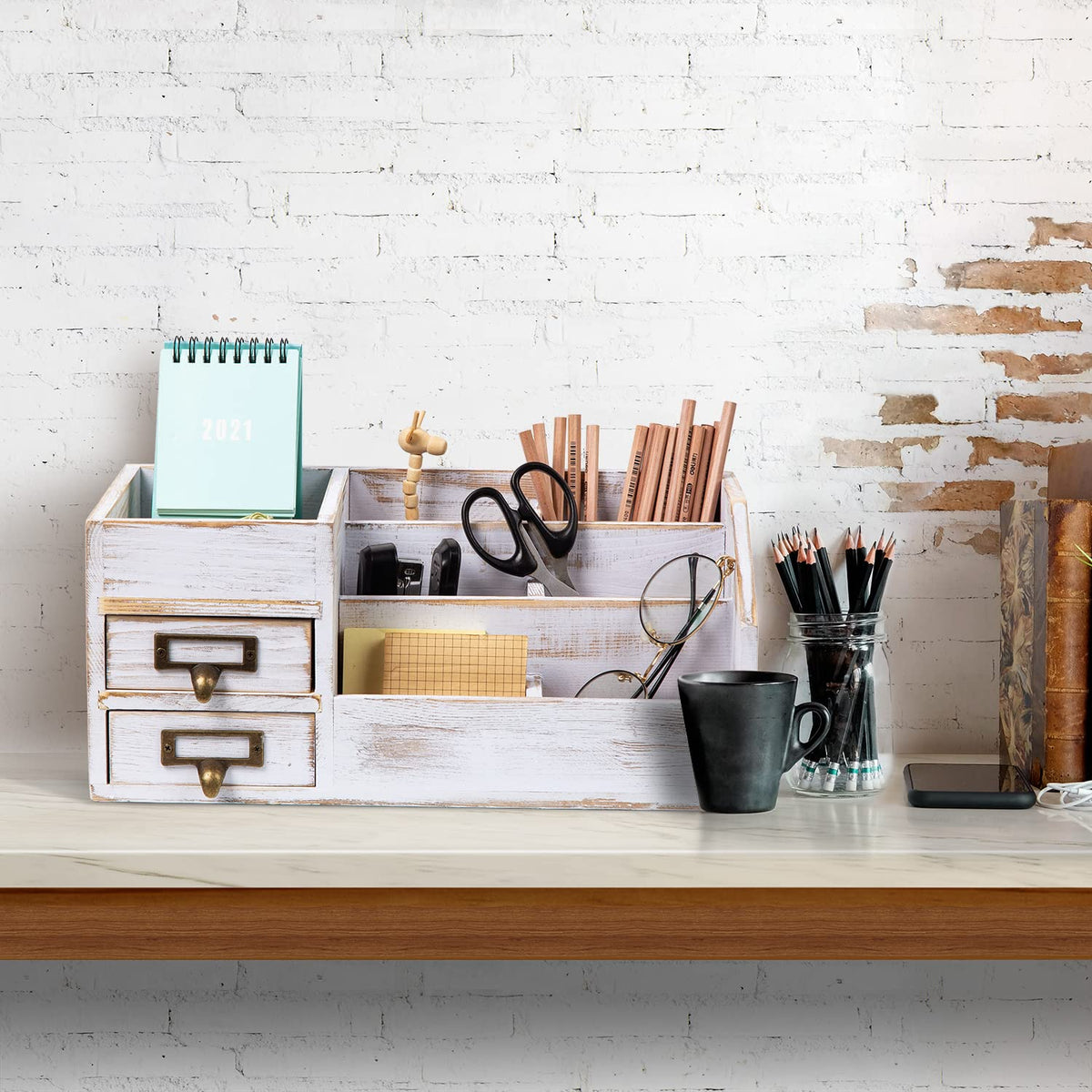 Distressed Rustic Wooden Office Desktop Organizer Shelf Tabletop Home Organizer Storage with