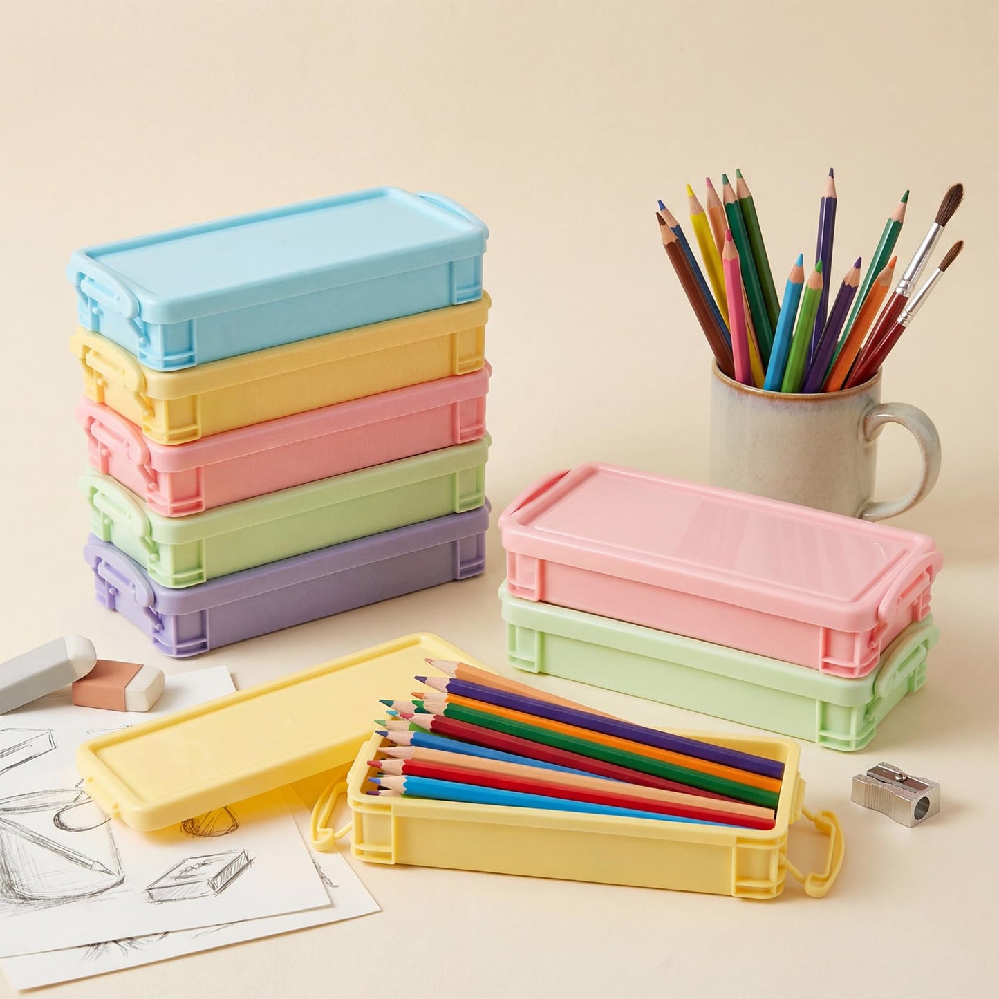 Gueevin 12 Pcs Pencil Box Clear Plastic Pencil Case, Macaron Colors