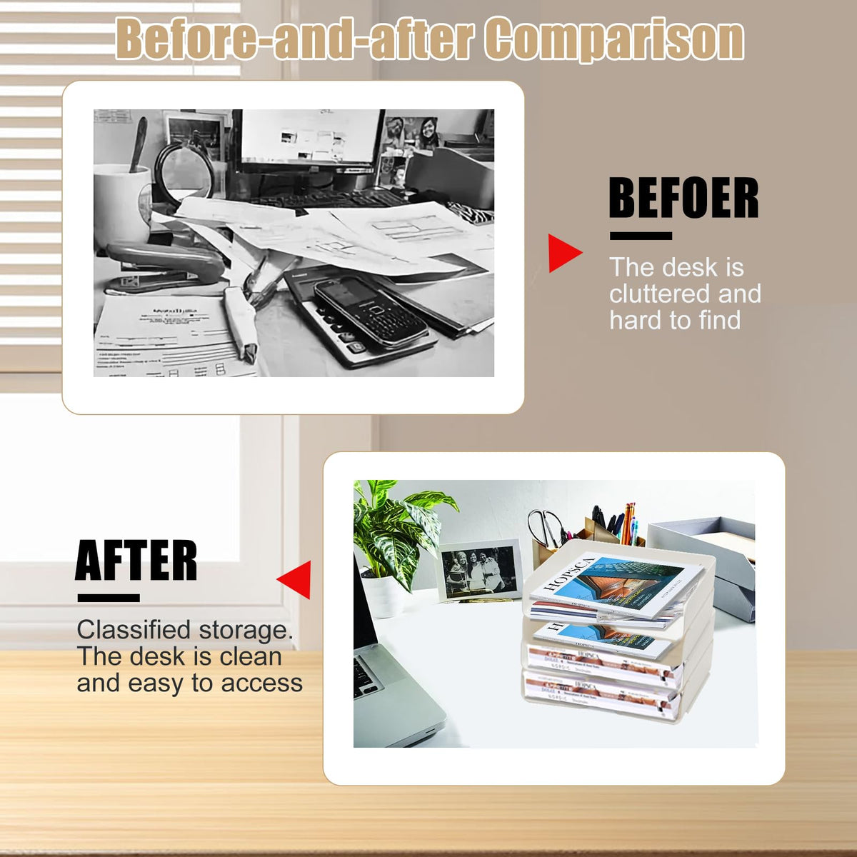 4 Tier Desk Organizer, Stackable Paper Tray Organizer for Document, Letter, A4 File Paper, Desk