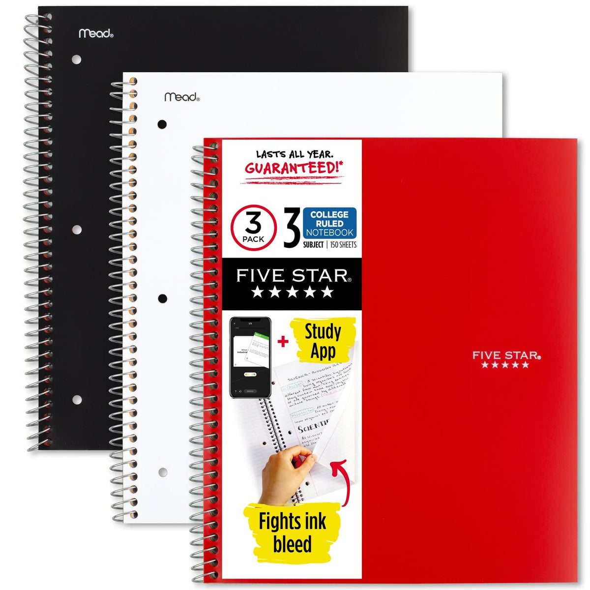 Five Star Spiral Notebooks + Study App, 3 Pack, 3-Subject, College Ruled Paper, 11" x 8-1/2", 150