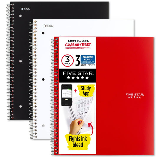 Five Star Spiral Notebooks + Study App, 3 Pack, 3-Subject, College Ruled Paper, 11" x 8-1/2", 150