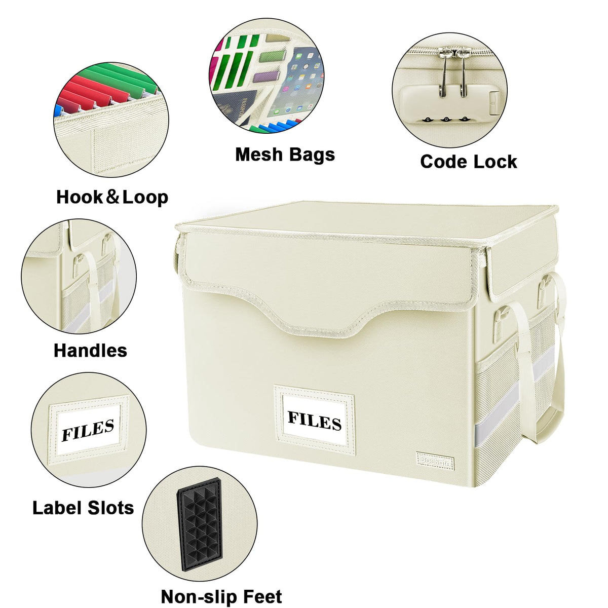 DocSafe Fireproof Document Box with Lock,File Storage Organizer with Zipper Pockets,Collapsible