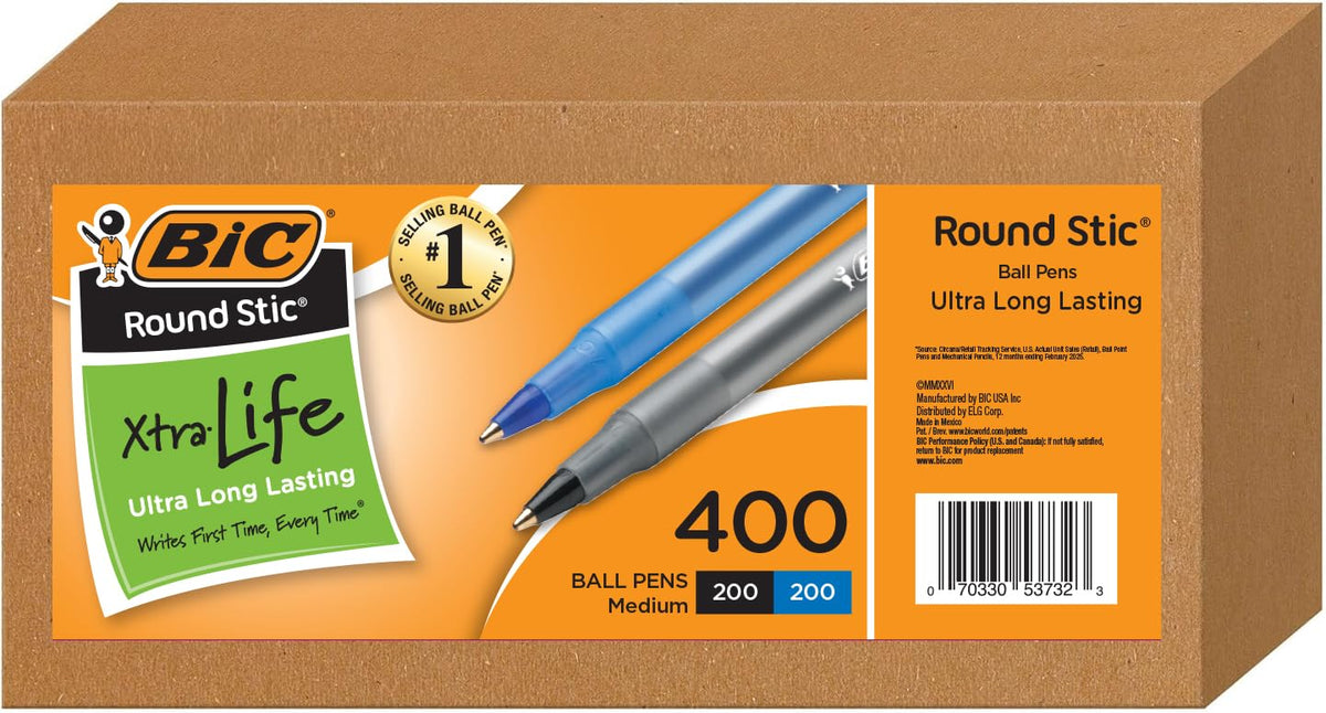BIC Round Stic Xtra Life Ballpoint Pens, 1mm, 200 Black 200 Blue, 400 Pack