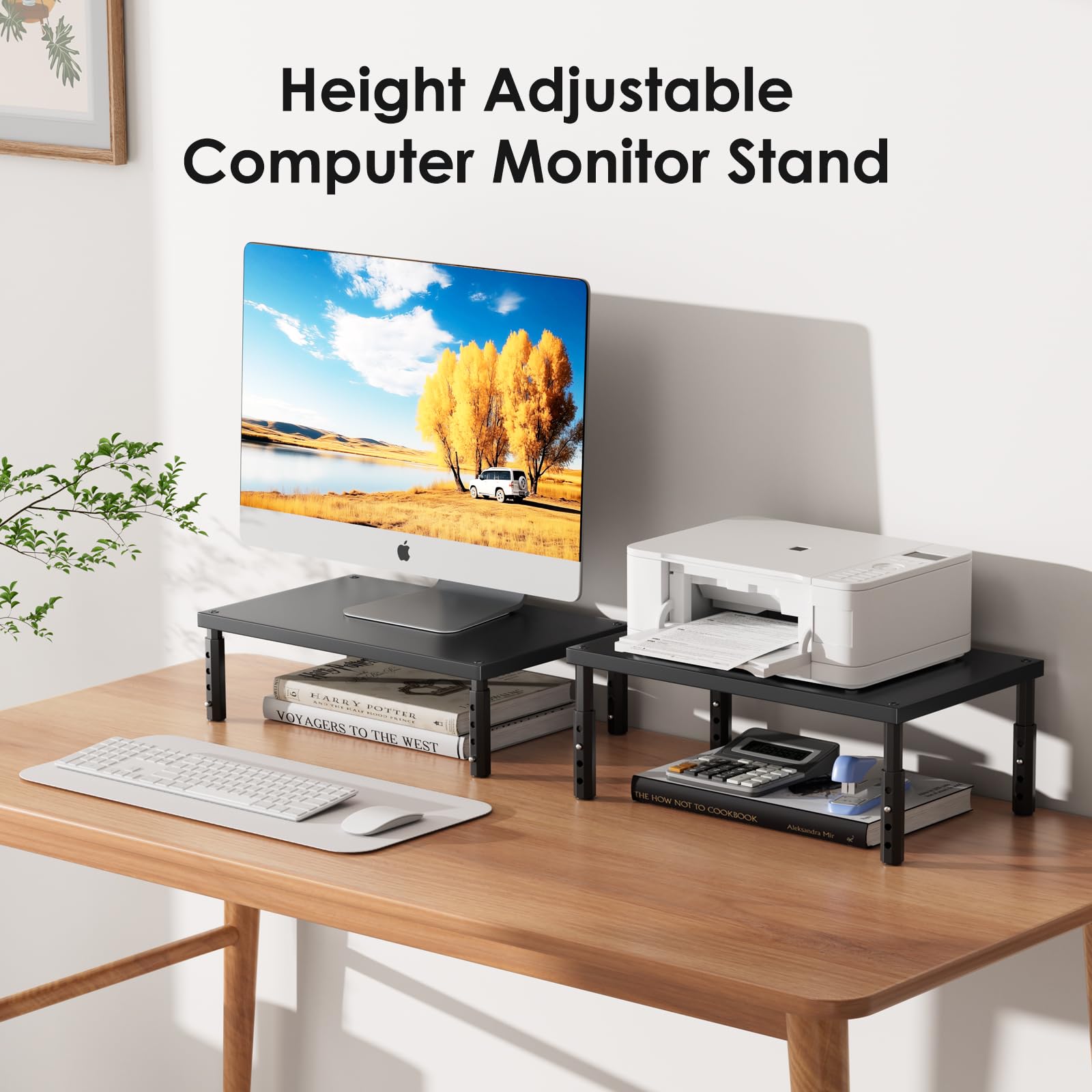 ECOLOVI Adjustable Wood Computer Monitor Stand Riser, Office Desk Organizer and Accessories for