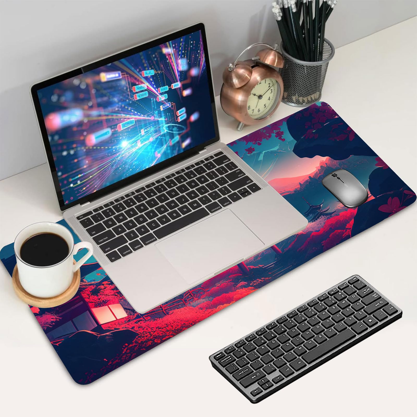 Japanese Mouse Mat, Large Extended Gaming Mouse Pad with Stitched Edges, Non-Slip Waterproof Rubber