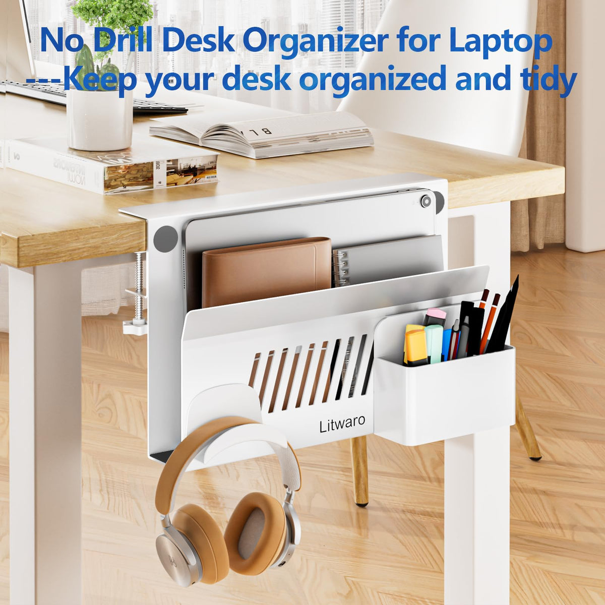 Litwaro Desk Side Storage Organizer, Under Desk Laptop Holder No Drill, Laptop Mount with Magnetic