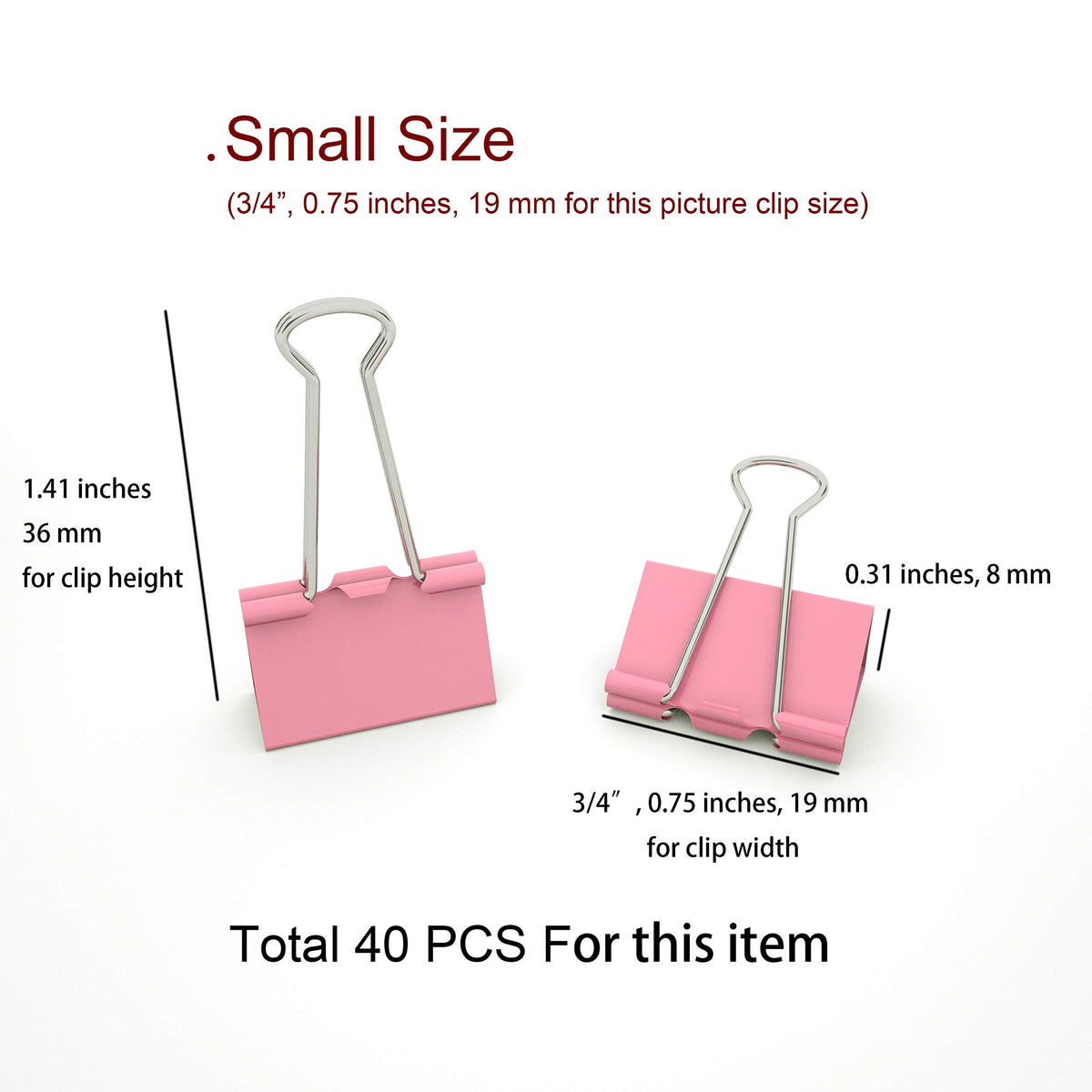 Nctinystore Binder Clips Small Metal Clamp 0.75 inch / 19 mm (Pink, 40-PCS)