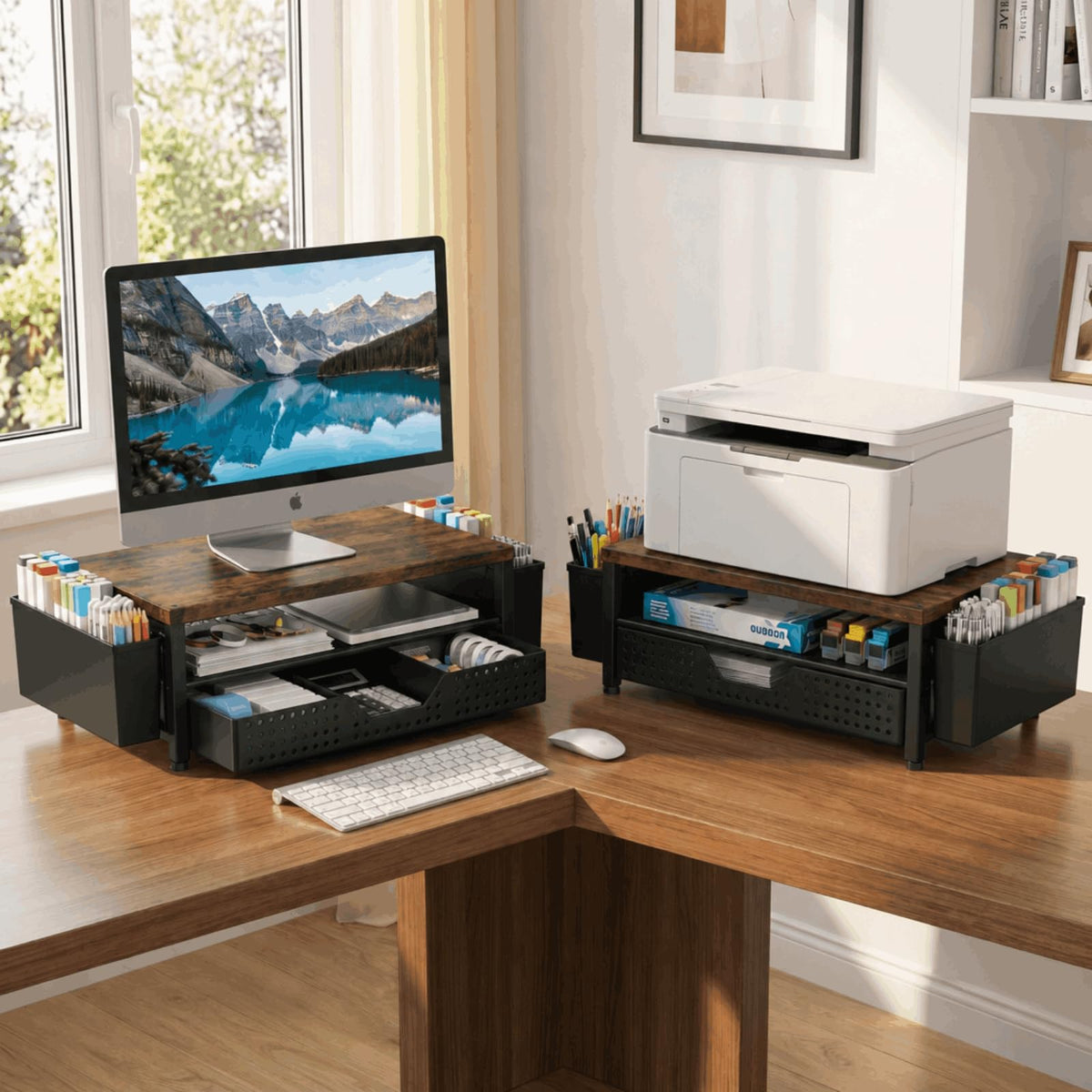 ECOLOVI Desk Organizer and Accessories, 2-Tier Computer Monitor Stand Rise with Storage Drawer & 2