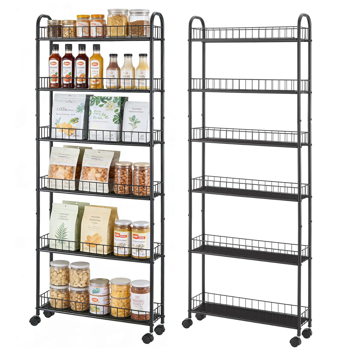 RUOZTEOO Slim Storage Cart with Wheels, Metal 6-Tier 6in Black Narrow Rolling Shelf, Sturdy Slim