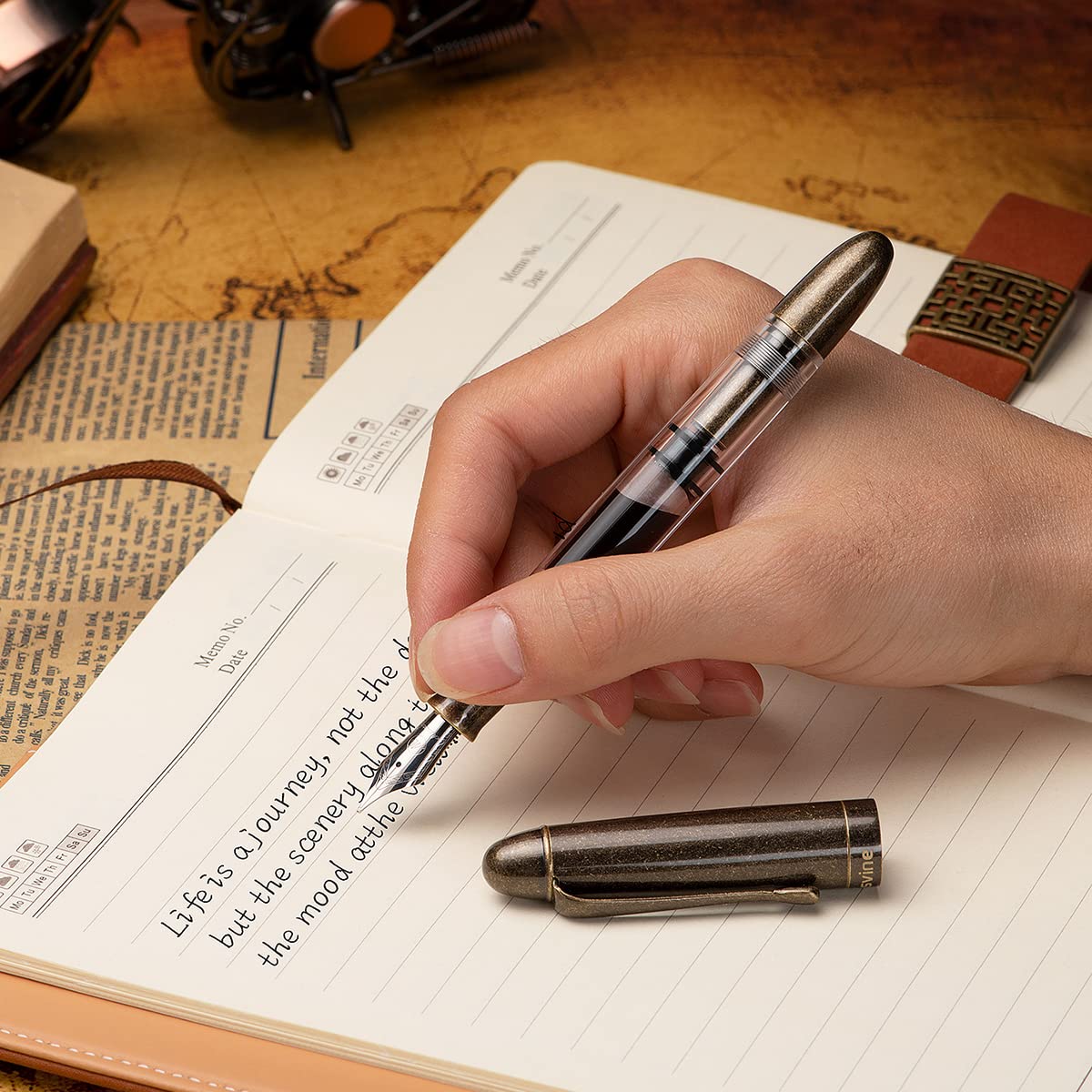 Asvine P30 Piston Fountain Pen Steel Fine Point, Retro Brass Style, Clear Demonstrator Acrylic Pen