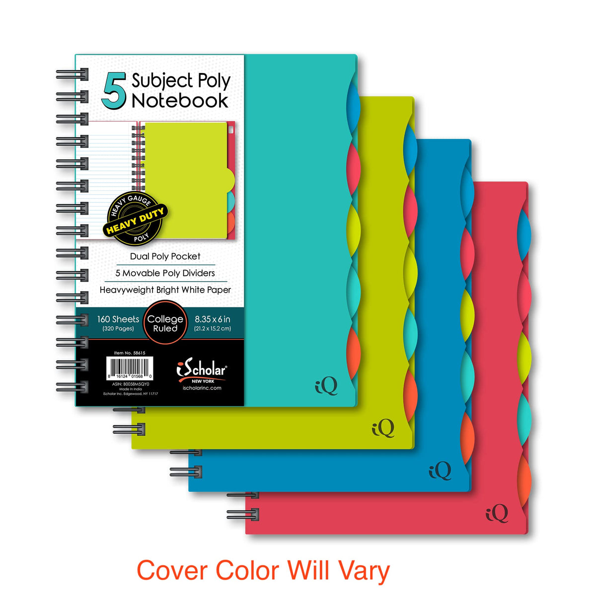iScholar 5 Subject Poly Cover Double Wire Notebook, 8.35 x 6 Inches, Cover Color May Vary