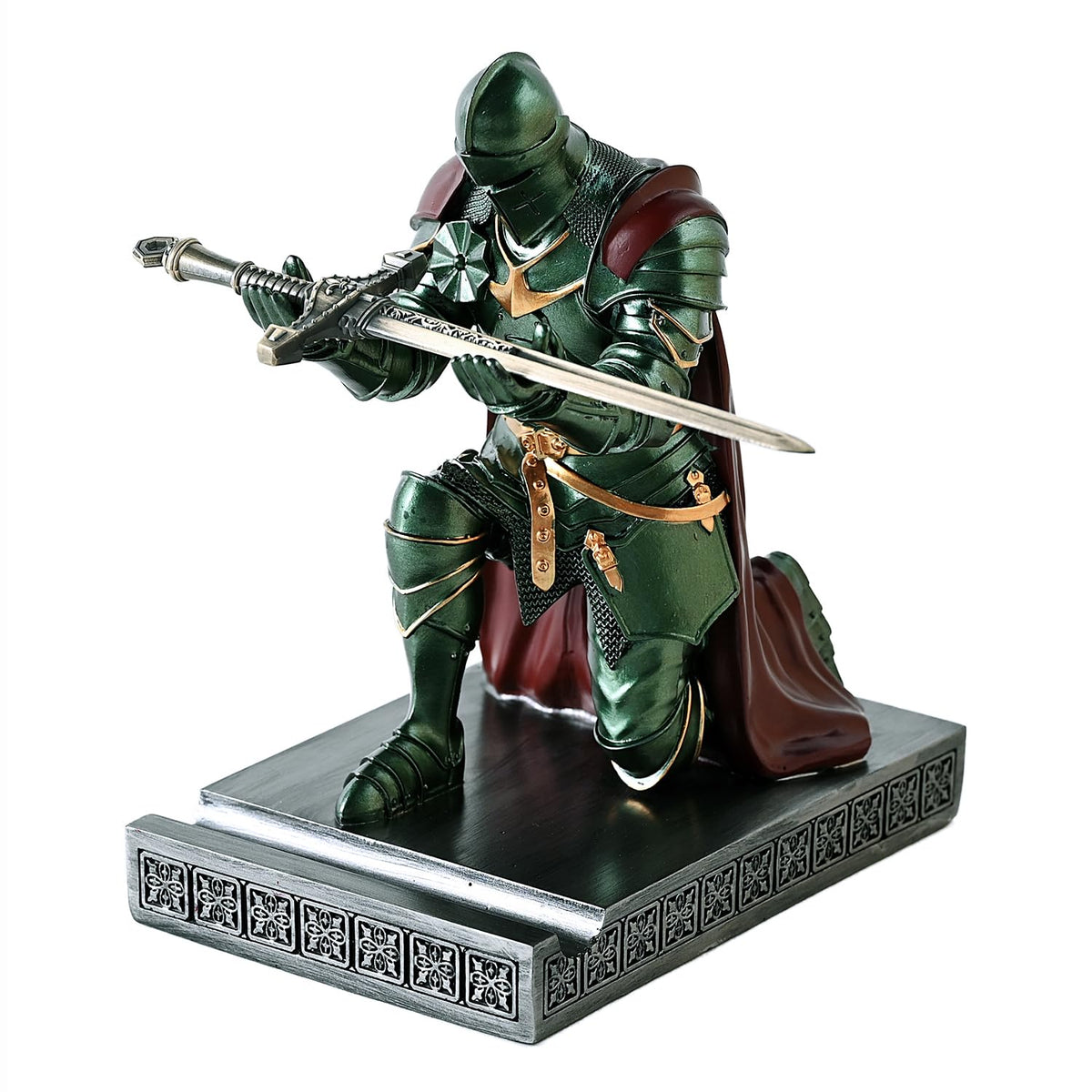 Medieval Armored Knight Pen Holder Figurine Paperweight Phone Stand Green