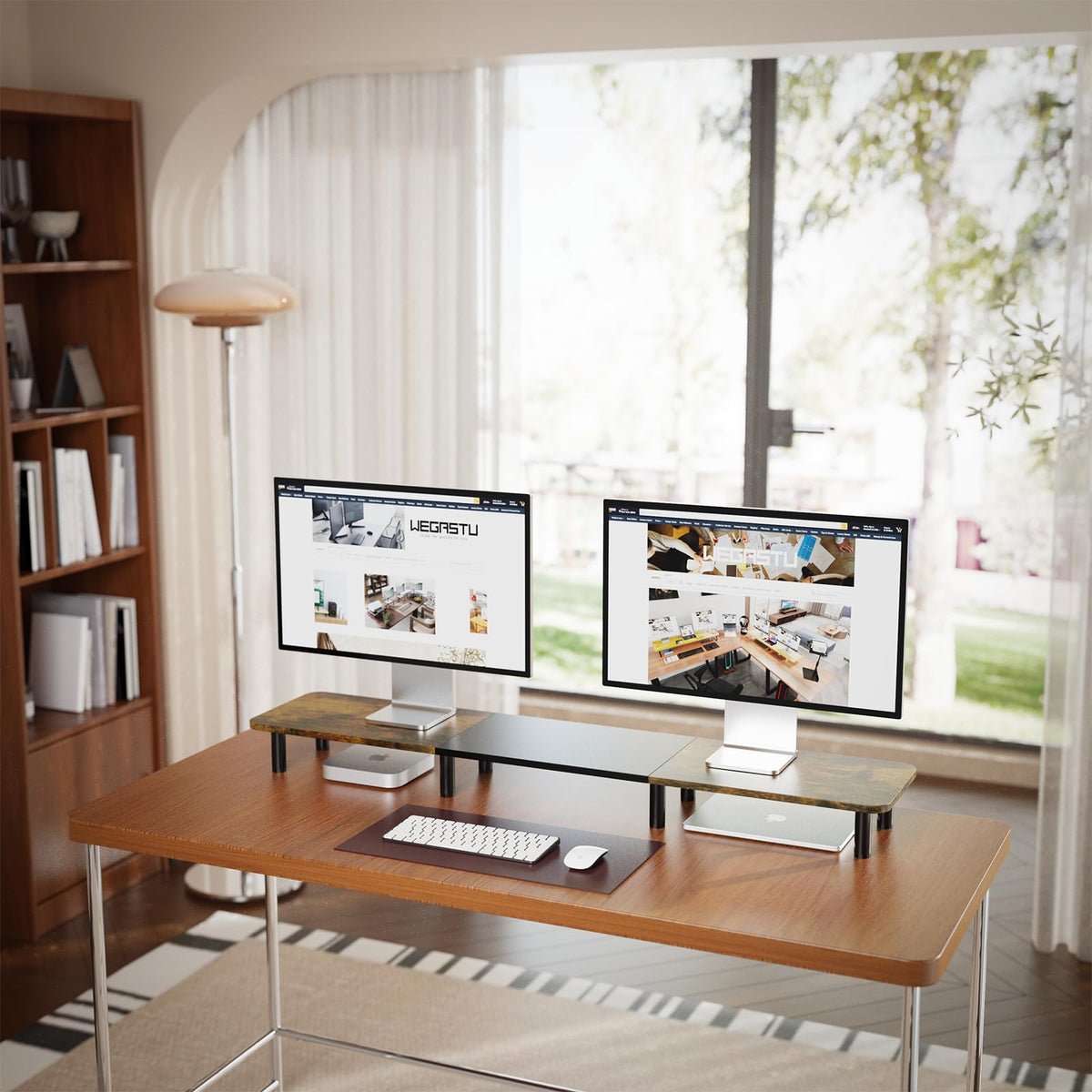 WEGASTU 43.7" Extra Long Dual Monitor Stand Riser, Wood & Steel Monitor Stand for 2 Monitors, Wide