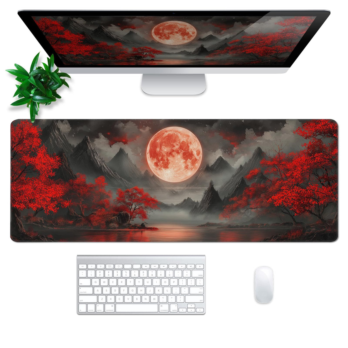 Darkness Red Moon Mouse Pad Abstract Red Mouse Pad 31.5x11.8 Inch Texture Non-Slip Rubber Base